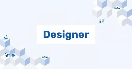 デザイナー向けサービスを表現したイラスト。薄いブルーの幾何学模様を背景に「Designer」の文字が浮かぶデザイン