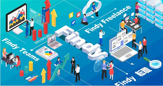 Findyのサービス概念図。アイソメトリックデザインで、エンジニア、企業、フリーランスの連携を表現したターコイズブルーのイラストレーション