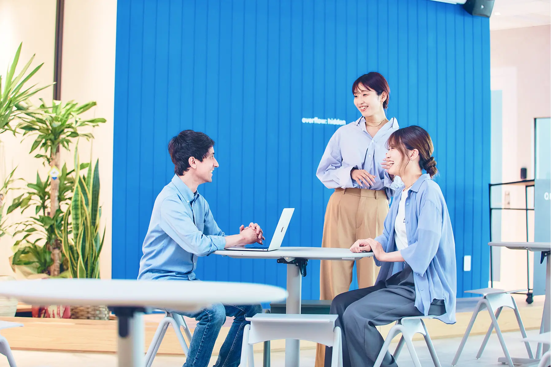 ブルーの壁面を背景に、PCを囲んで和やかに打ち合わせをする3名の社員。観葉植物と爽やかな空間デザインが調和したオフィスシーン